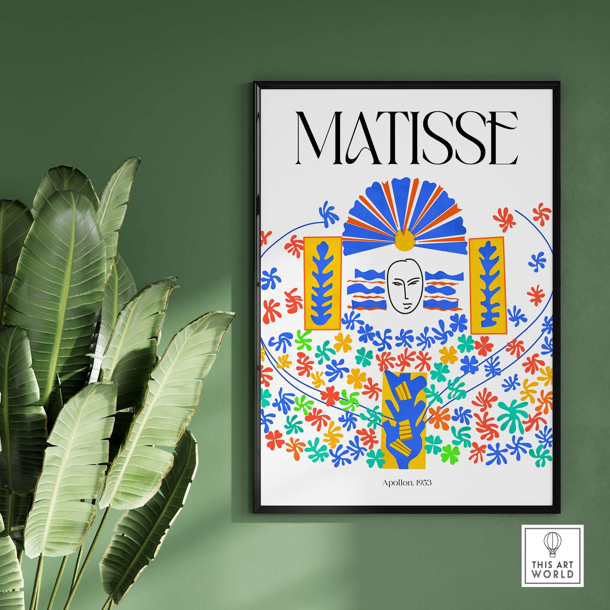 Matisse Apollon 1953 Decorative Cut Out Wall Art Print featuring colorful floral cut-outs and a central mask motif.