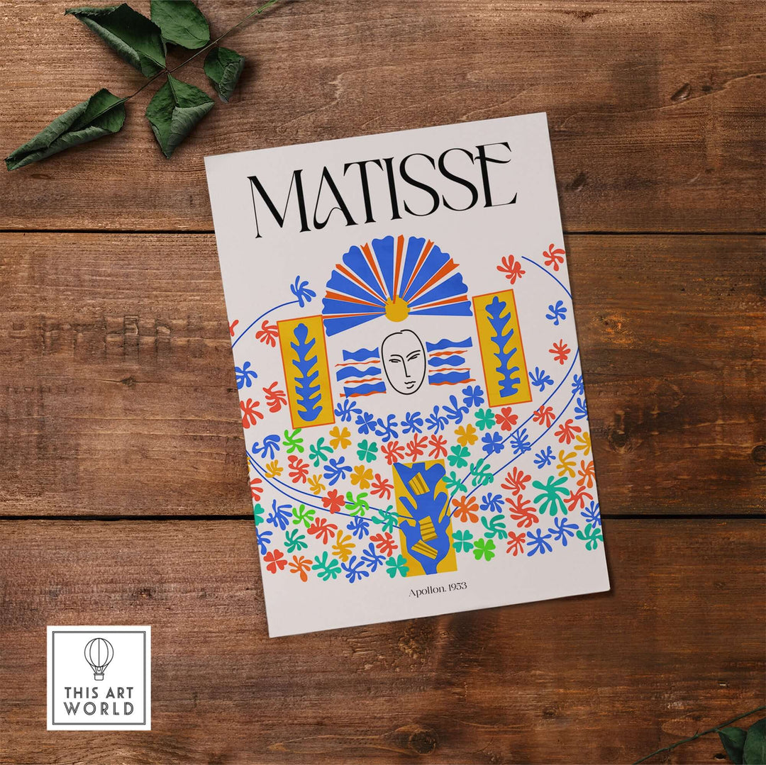 Matisse Apollon 1953 decorative wall art print featuring colorful floral cut-outs and a central mask design.