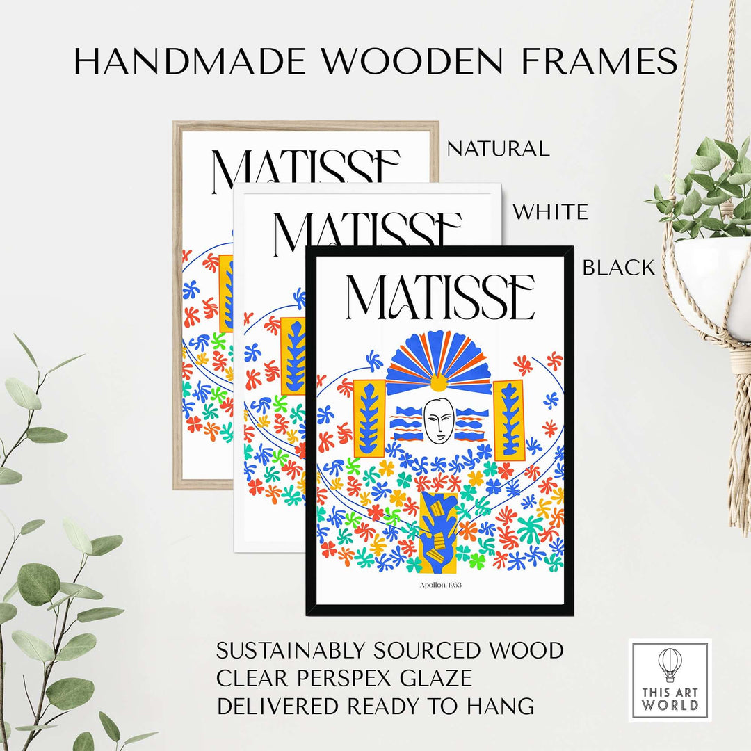 Handmade wooden frames in natural, white, and black for Matisse art prints with clear glaze, sustainably sourced wood.