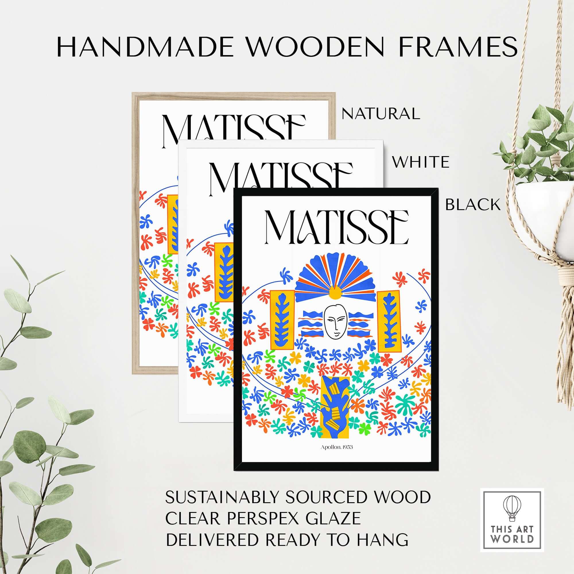 Handmade wooden frames for Matisse Apollon 1953 Decorative Cut Out Wall Art Print in natural, white, and black.