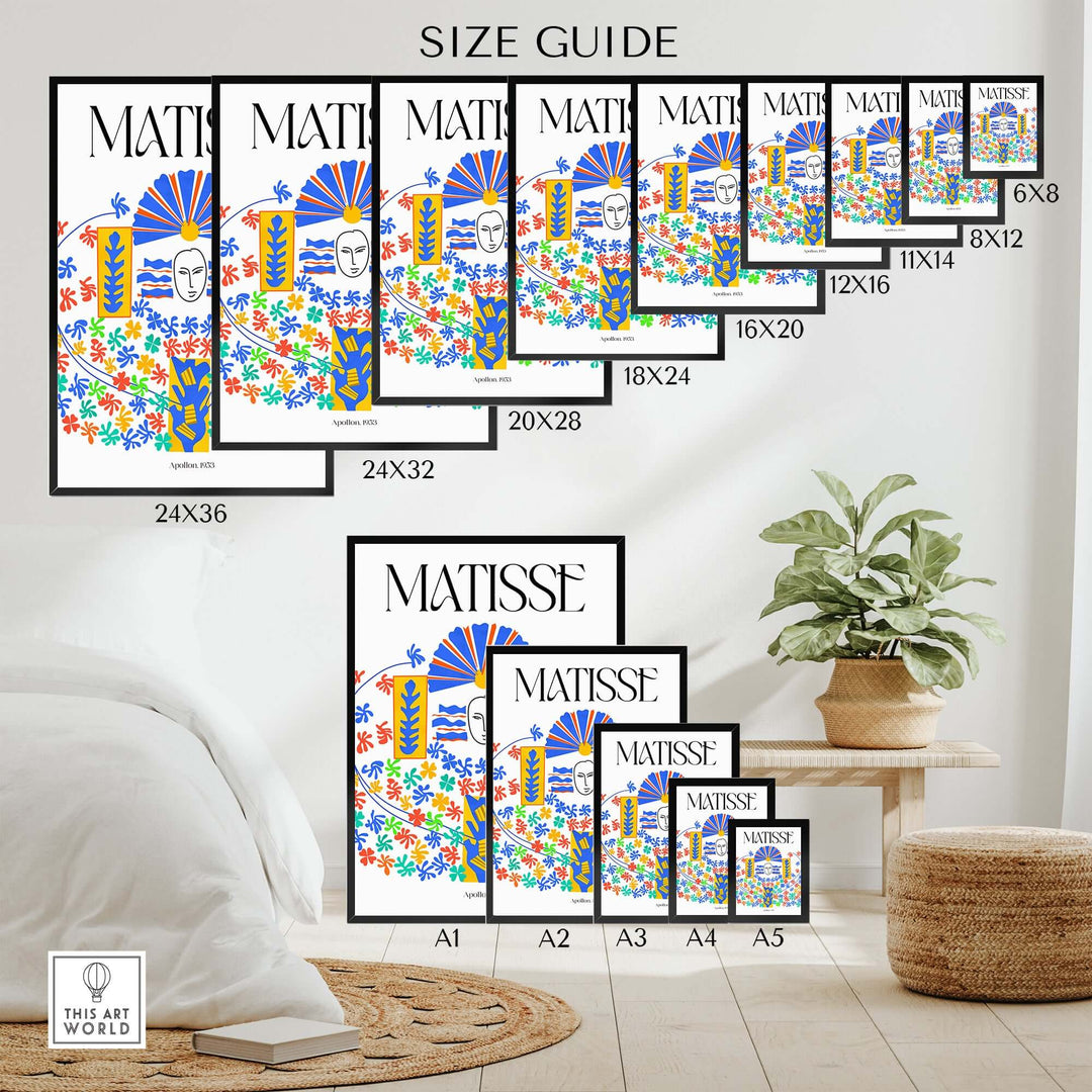 Matisse Apollon 1953 wall art size guide with multiple frame sizes in a modern home setting.