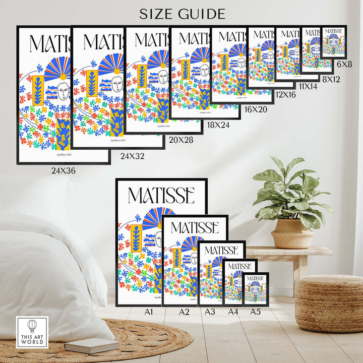 Matisse Apollon 1953 wall art size guide with multiple frame sizes in a modern home setting.