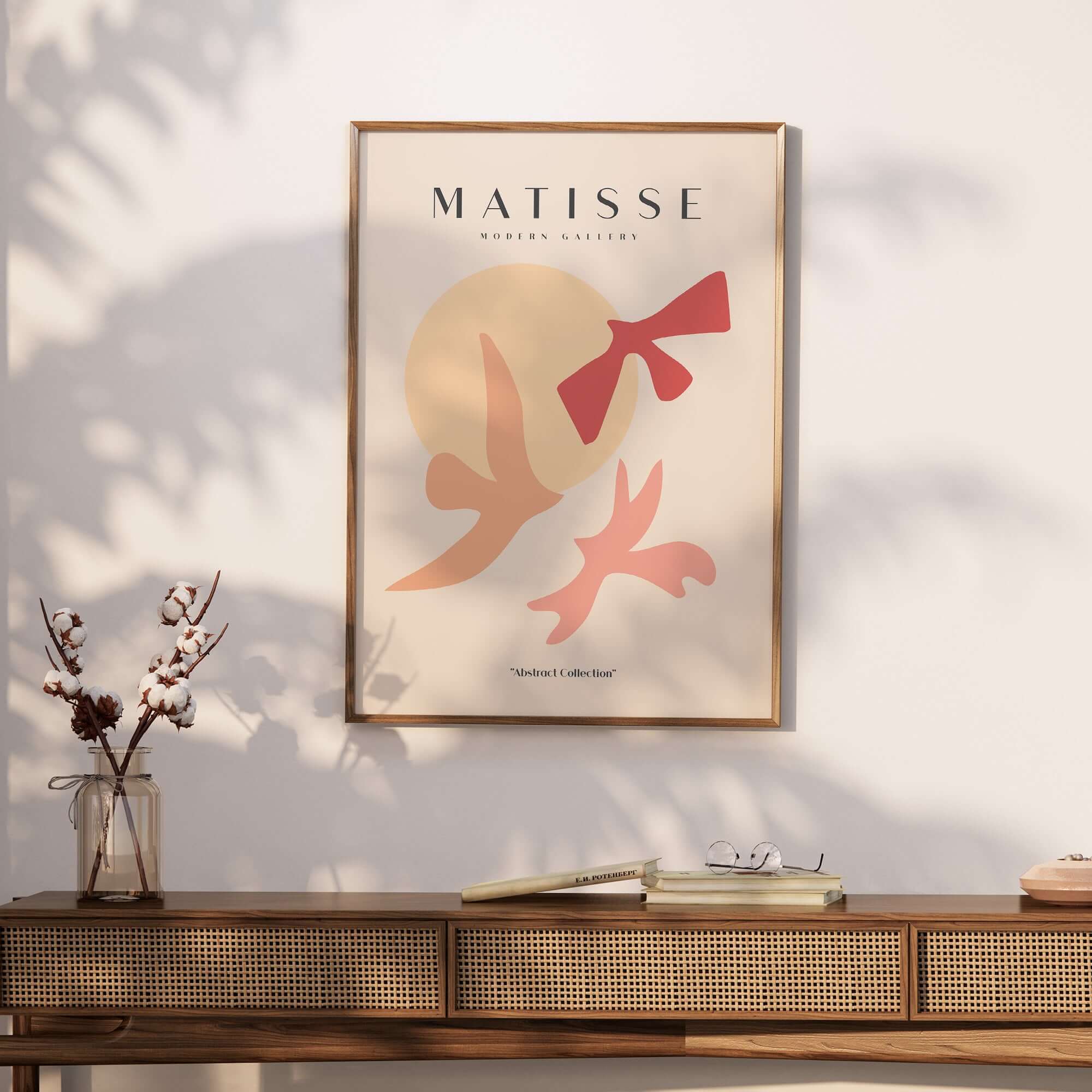Matisse Art Prints - Abstract Birds Sun Shapes Poster featuring red and orange shapes against a beige background.