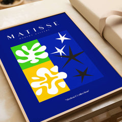 Matisse Art Prints - Abstract Blue Poster featuring playful shapes on a vibrant blue background from the 'Abstract Collection'.