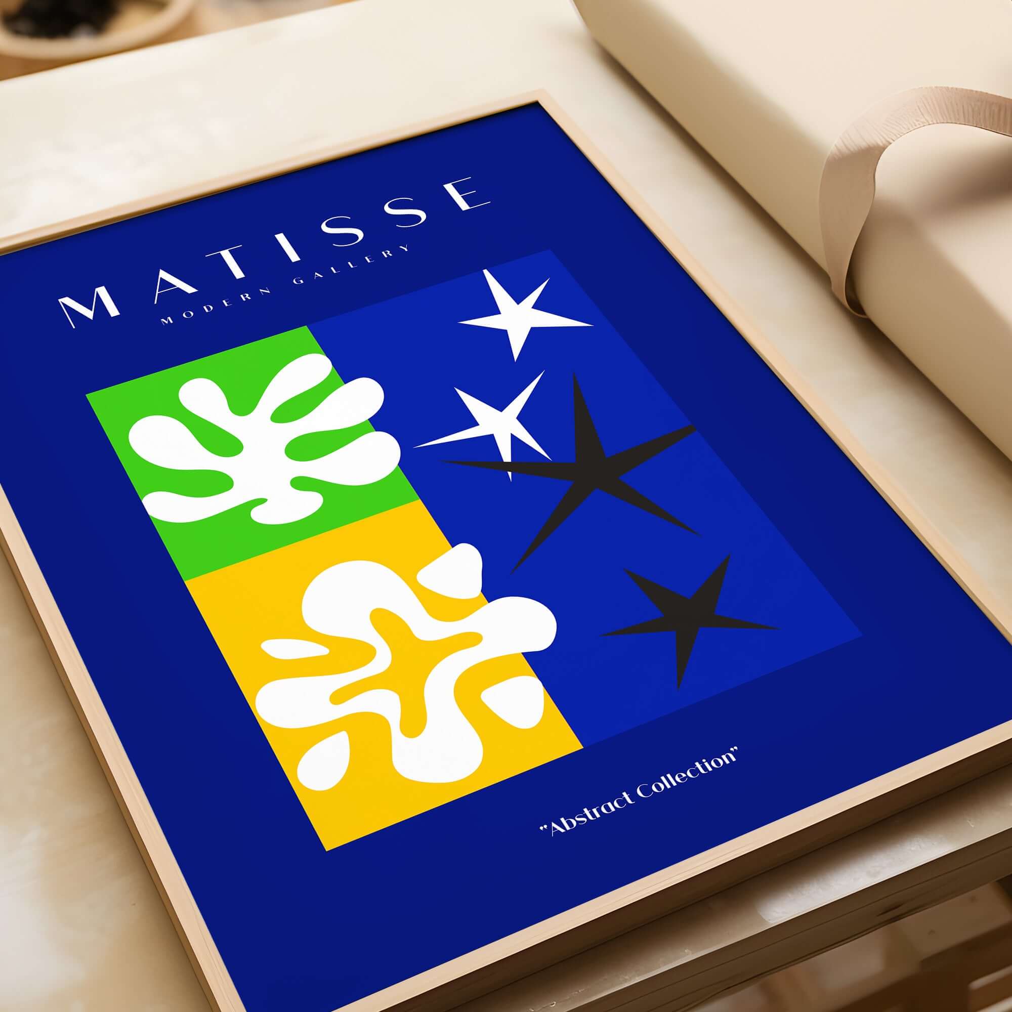 Matisse Art Prints - Abstract Blue Poster featuring playful shapes on a vibrant blue background from the 'Abstract Collection'.