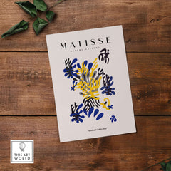 Matisse Art Prints -  Abstract Floral Blue Yellow Black Poster featuring bold floral shapes on a light background.