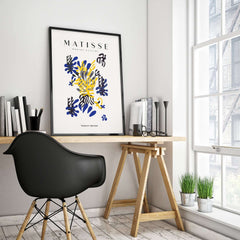 Matisse Art Prints - Abstract Floral Blue Yellow Black Poster displayed in a modern workspace with stylish decor.