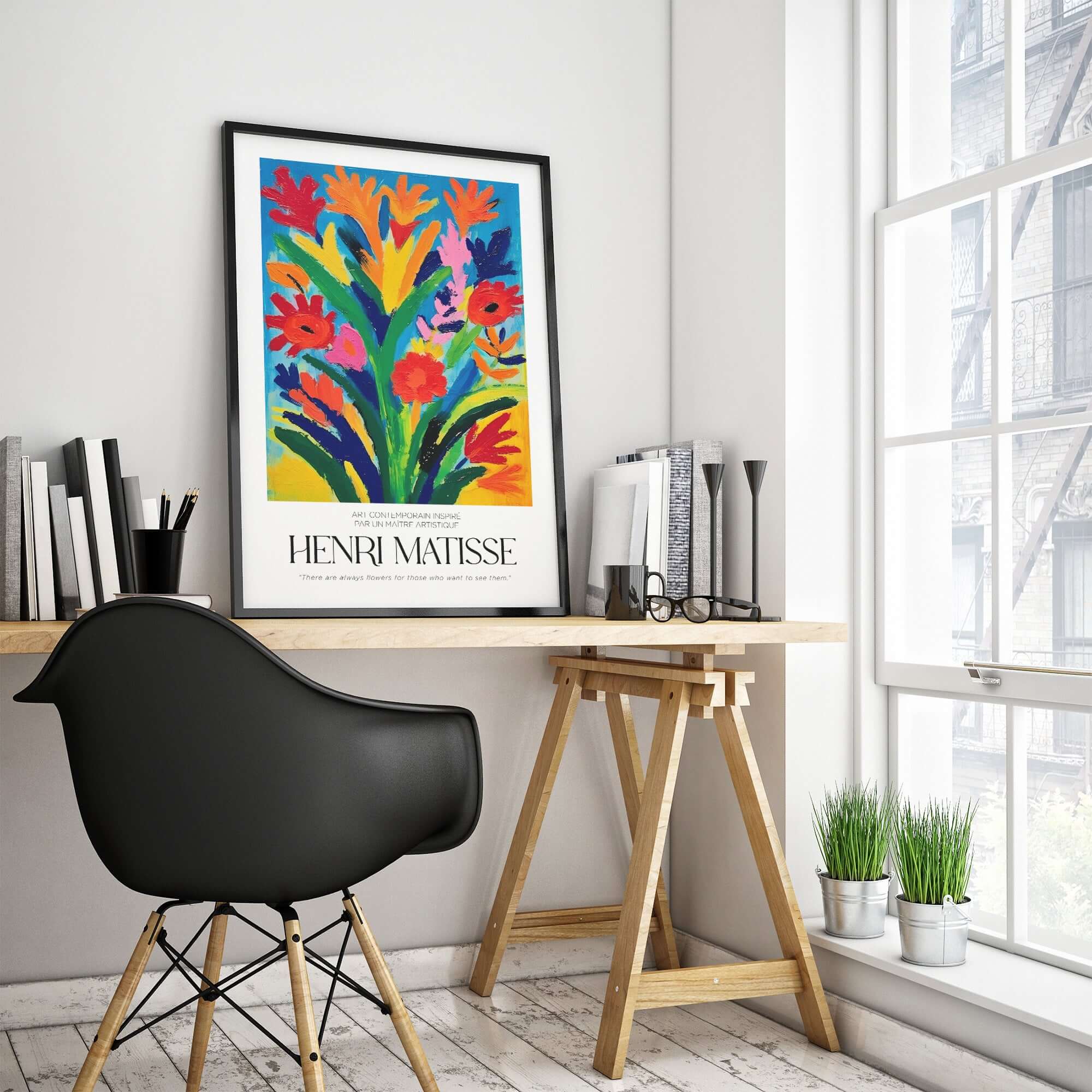 Matisse Art Prints - Abstract Floral Bouquet Print displayed on a wall above a stylish desk in a modern interior.