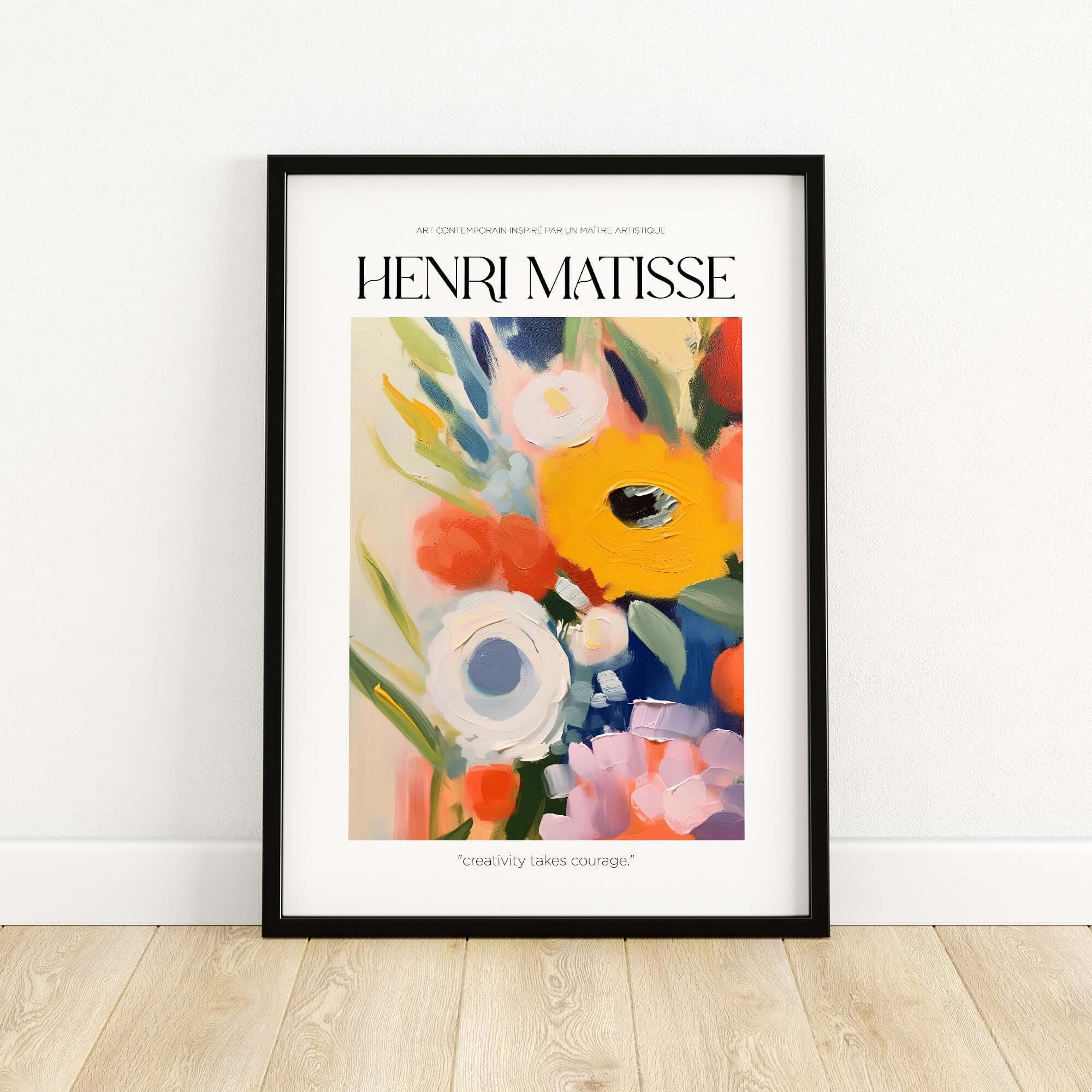 Matisse Art Prints - Abstract Flowers Poster featuring colorful floral artwork in a black frame on wooden flooring.