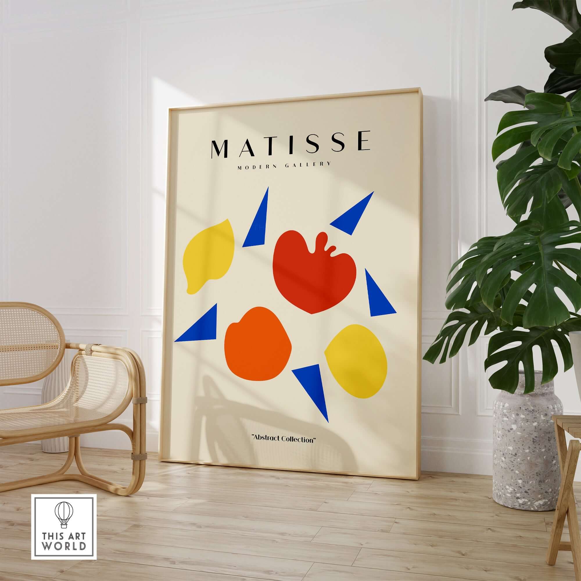Matisse Art Prints - Abstract Fruit Shapes Blue Triangles Poster displayed in modern gallery setting.