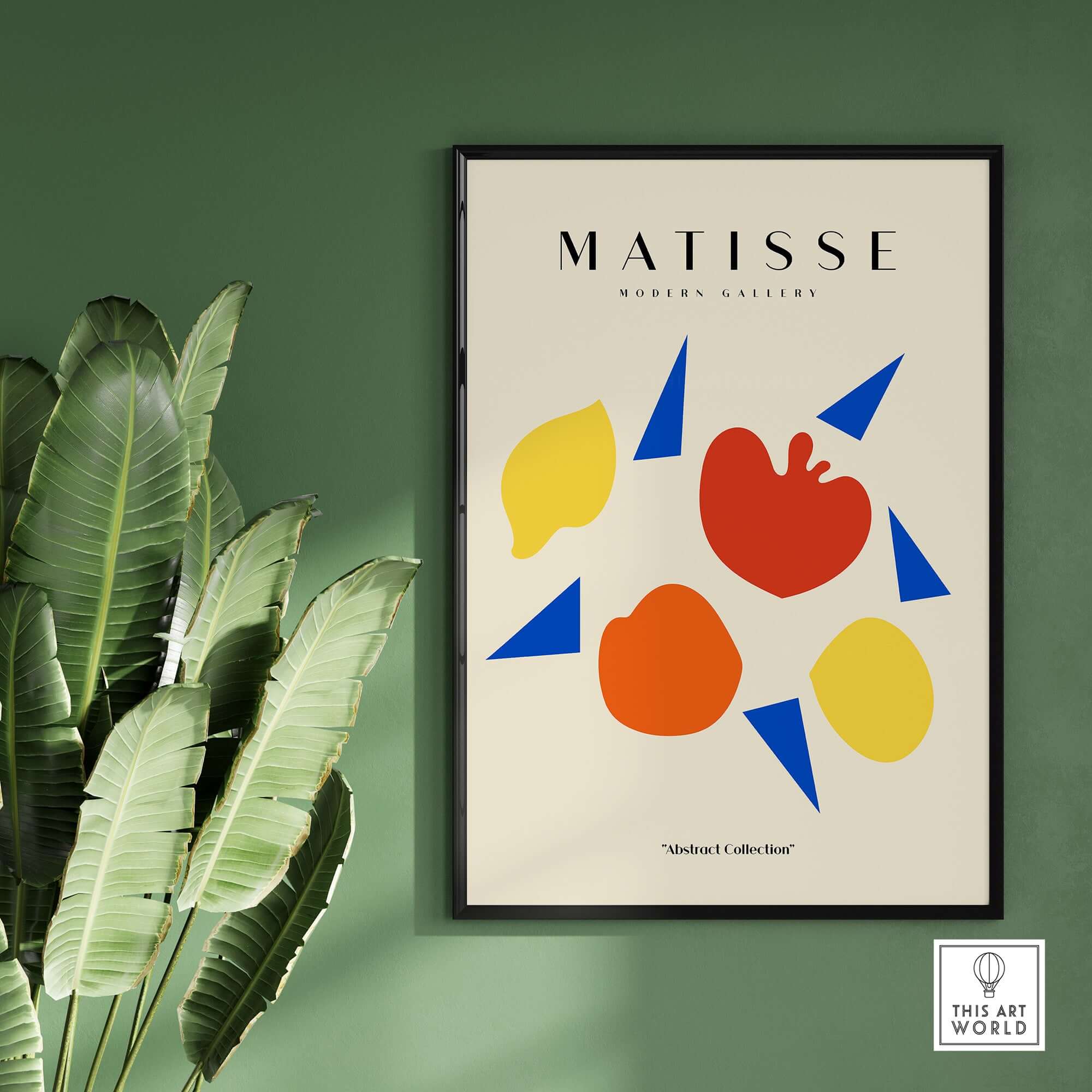 Matisse Art Prints - Abstract Fruit Shapes Blue Triangles Poster displayed in a modern gallery setting with foliage.