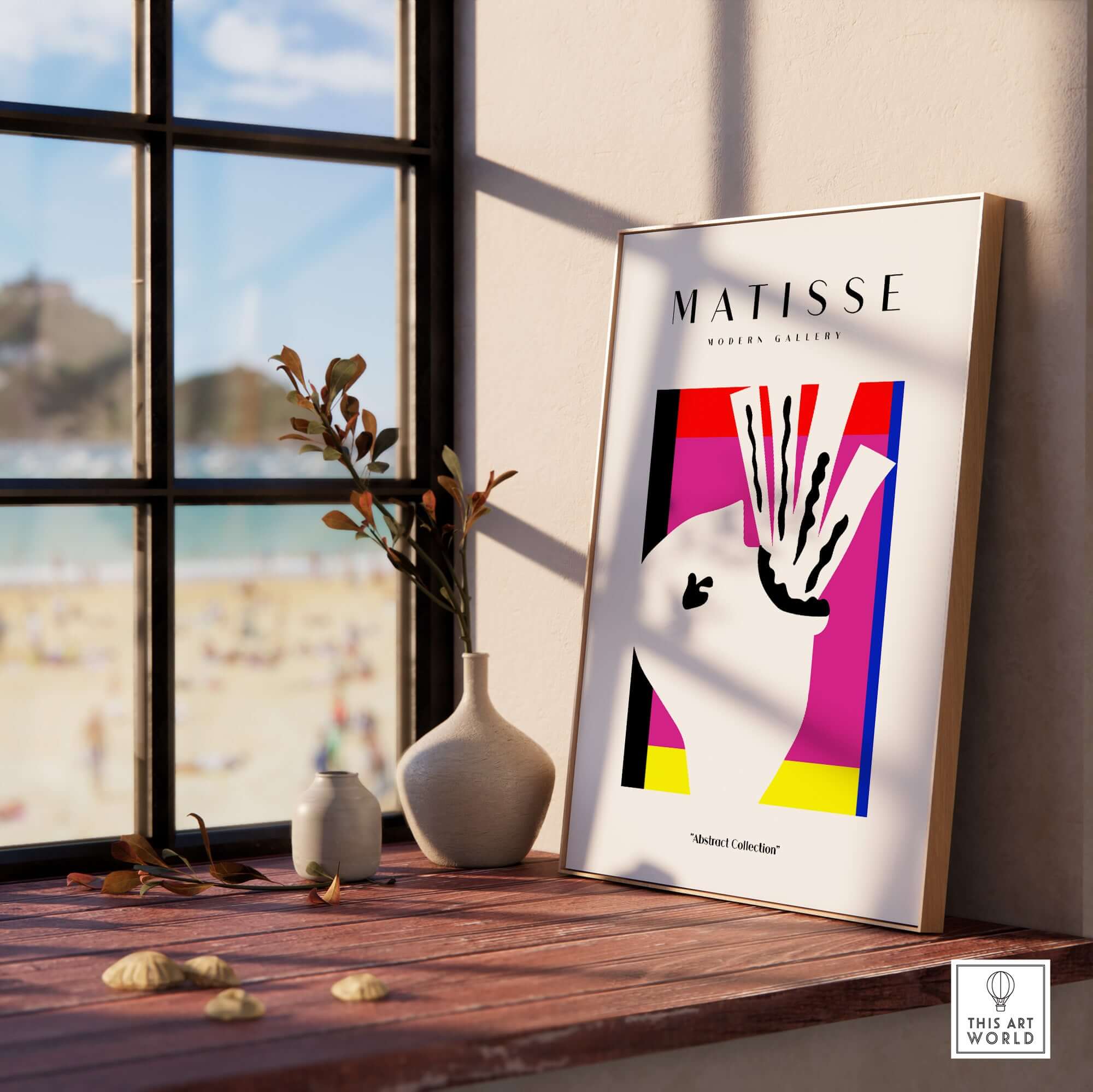 Matisse Art Prints -Abstract Head  Jazz Series Colorful Blocks Wall Art displayed in a bright window setting with beach view.
