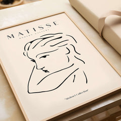 Matisse Art Prints - Abstract Line Drawing of Lady featuring a minimalist abstract portrait in black on beige