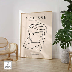 Matisse Art Prints - Abstract Line Drawing of Lady framed in modern decor with neutral background.