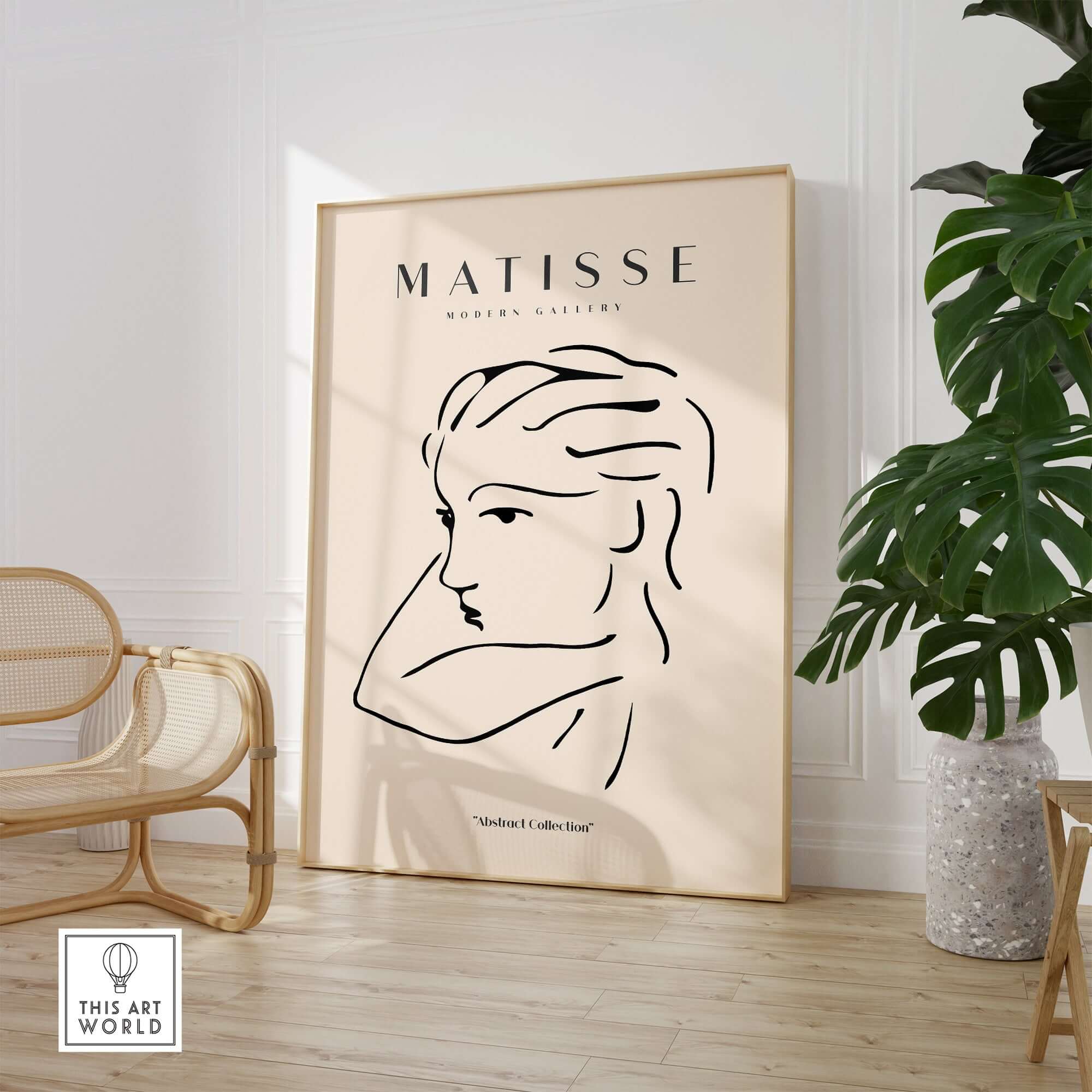 Matisse Art Prints - Abstract Line Drawing of Lady framed in modern decor with neutral background.