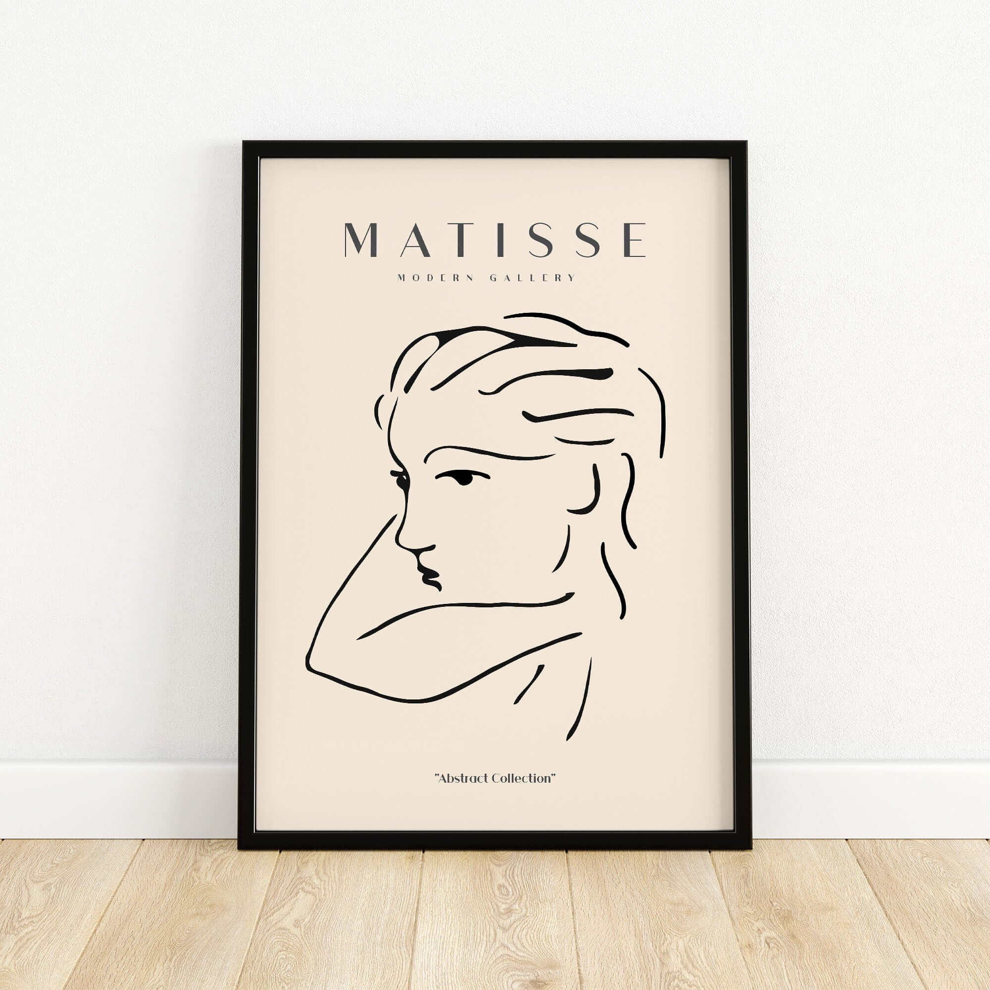 Matisse Art Prints - Abstract Line Drawing of Lady framed artwork featuring a continuous line portrait on beige.