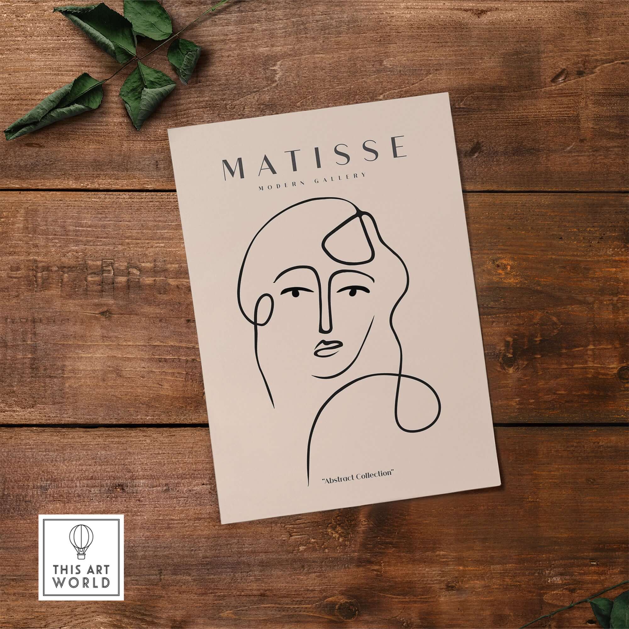 Matisse Art Prints - Continuous Line Abstract Face Poster featuring a minimalist line art portrait on beige.