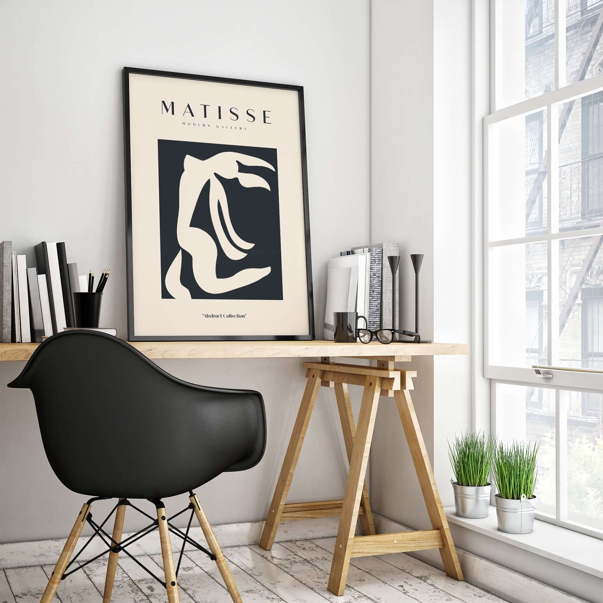 Matisse Art Prints - Abstract Organic Figure Cut Out Print showcased in a stylish home office with a black chair.