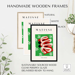 Matisse Art Prints - Abstract Shape Red Green Poster displayed in handmade wooden frames in natural, white, and black colors.