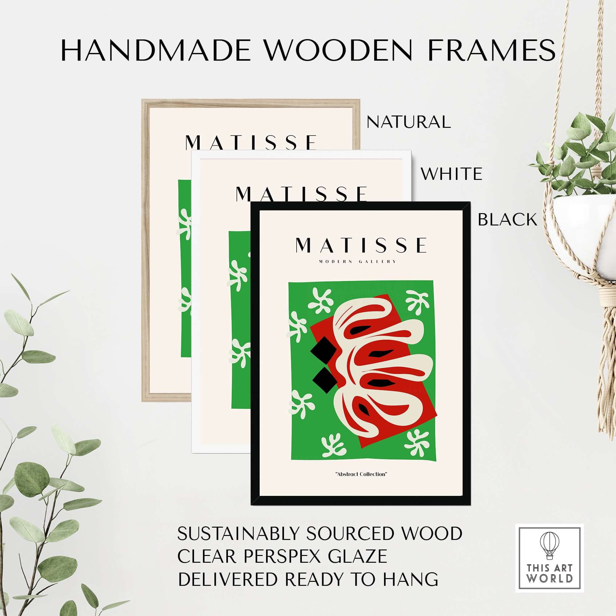 Matisse Art Prints - Abstract Shape Red Green Poster displayed in handmade wooden frames in natural, white, and black colors.