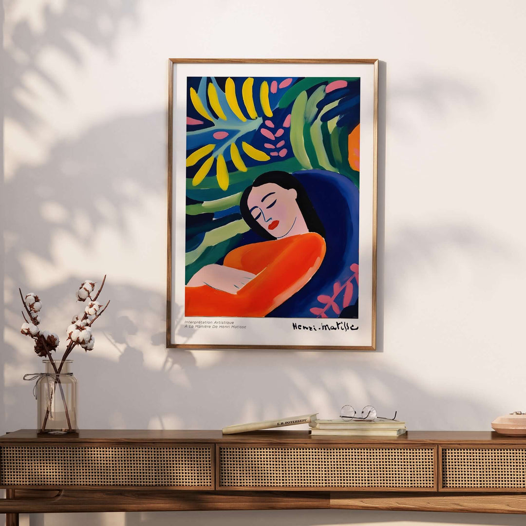 Matisse-inspired art print of a woman in orange top surrounded by colorful foliage, perfect for home decor.