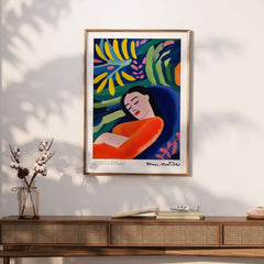 Matisse Art Prints - Abstract Woman in Foliage Poster featuring a serene woman in vibrant orange amidst lush foliage.