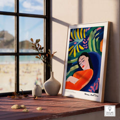 Matisse Art Prints - Abstract Woman in Foliage Poster displayed in a sunlit room with beach view.