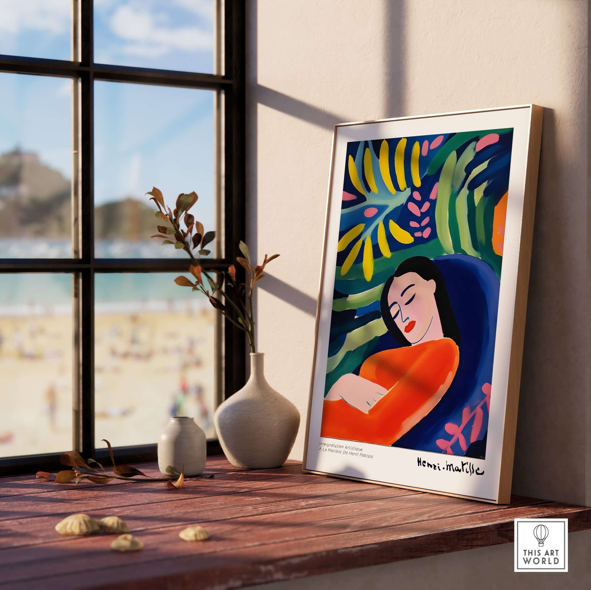 Matisse Art Prints - Abstract Woman in Foliage Poster displayed in a sunlit room with beach view.