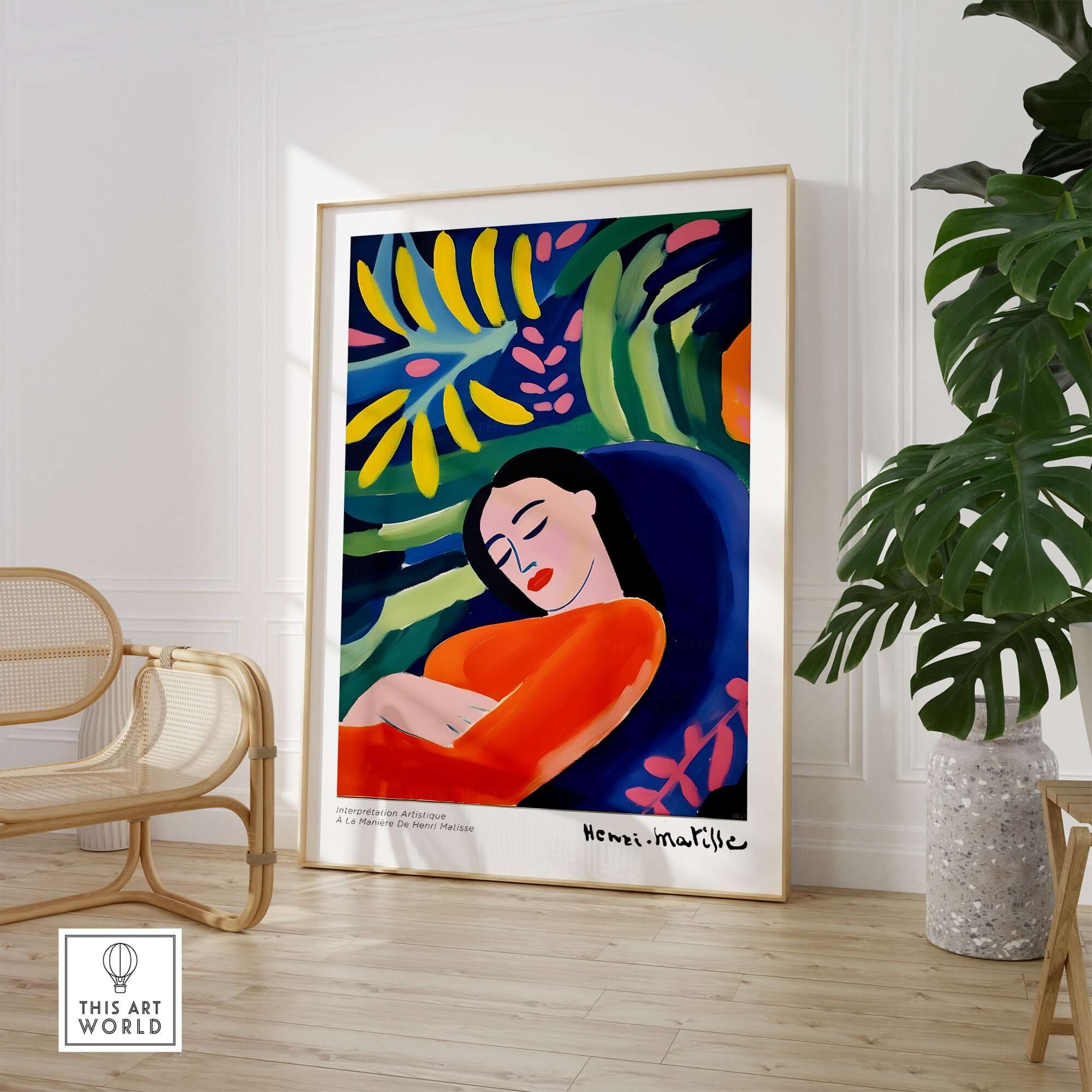Matisse Art Prints - Abstract Woman in Foliage Poster featuring a serene woman in vibrant colors and lush foliage.