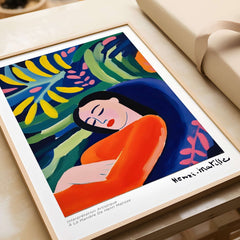 Matisse Art Prints - Abstract Woman in Foliage Poster featuring a serene woman's figure with vibrant colors and abstract foliage.