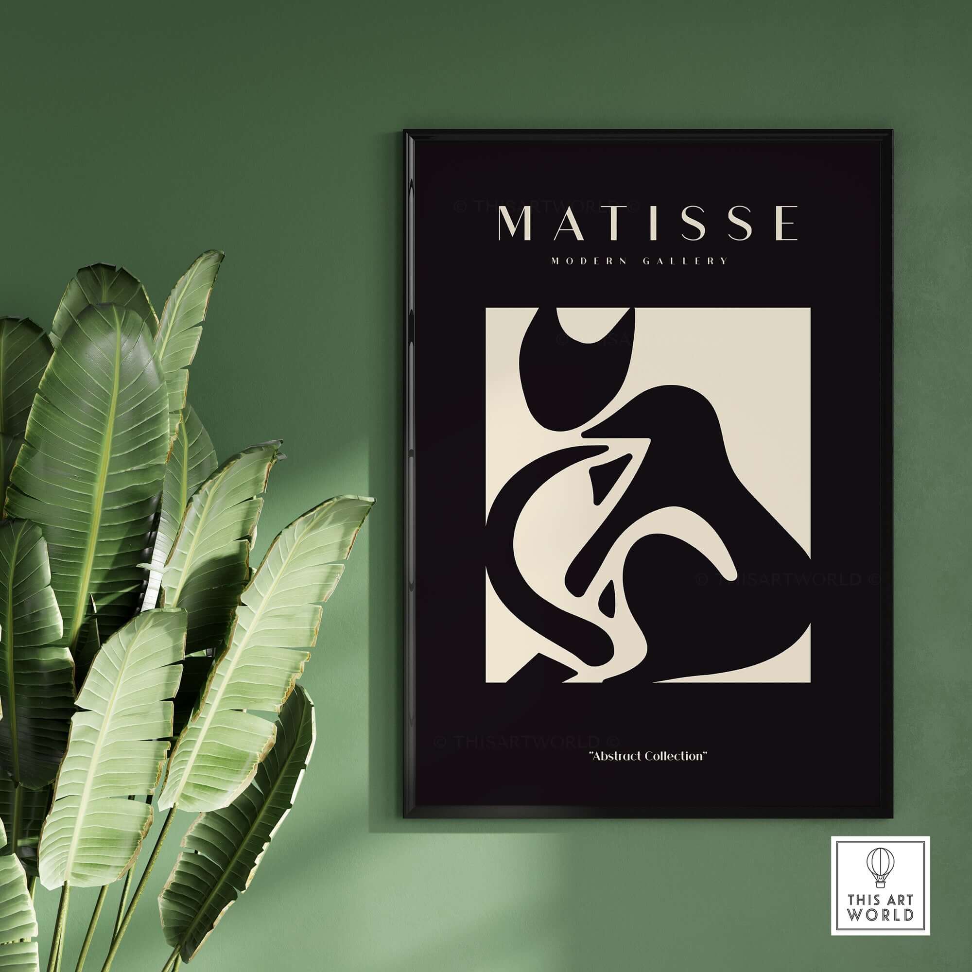 Matisse Art Prints - Black Beige Abstract Composition Poster displayed on green wall with plant backdrop.