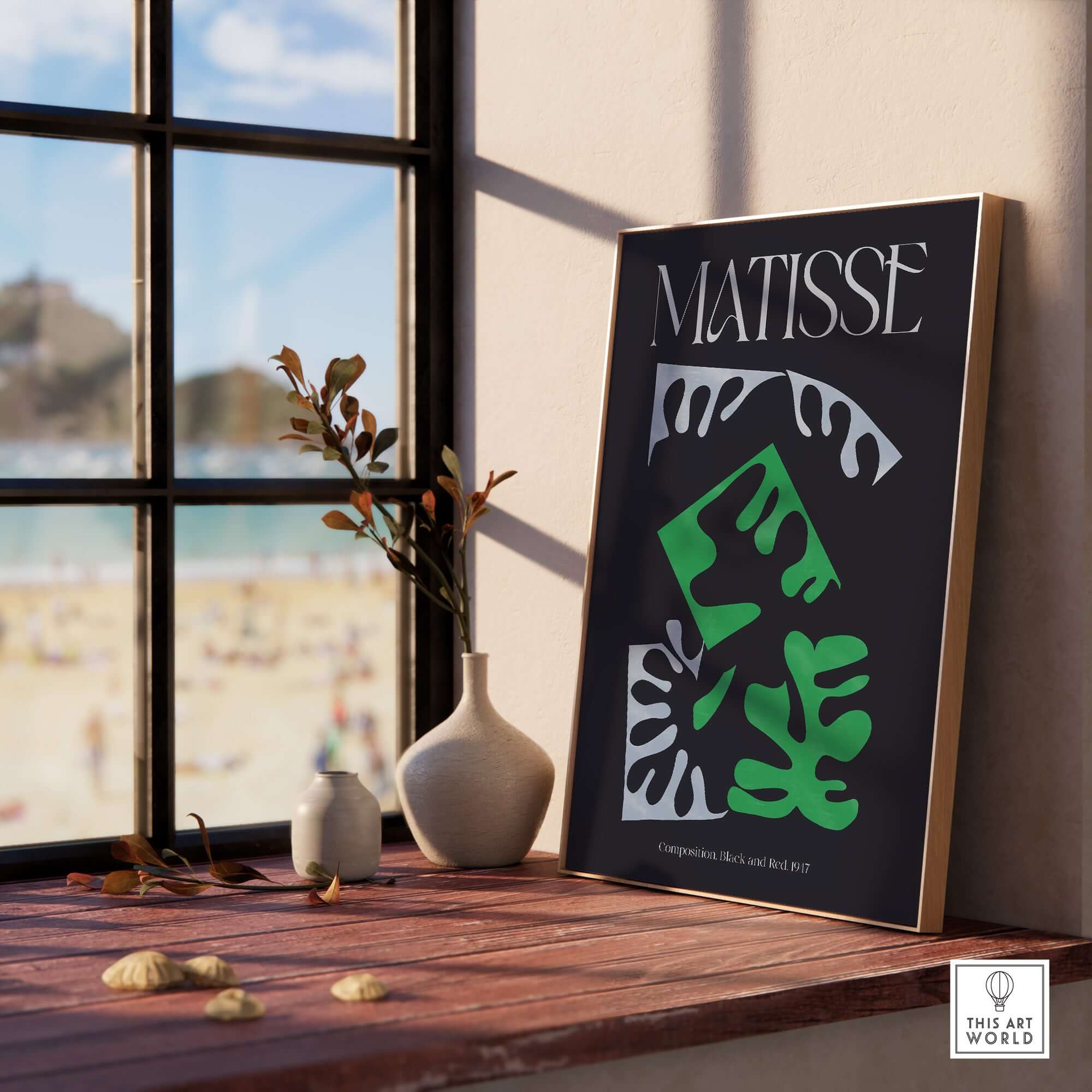 Matisse Art Print Composition Black Green White Abstract Poster 1947 displayed on a shelf with a beach view.