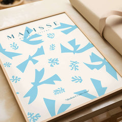 Matisse Art Prints -Blue Abstract Birds Botanical Pattern Poster featuring abstract blue birds and botanical shapes.