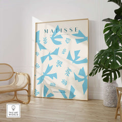 Matisse Art Prints -Blue Abstract Birds Botanical Pattern Poster displayed in a stylish interior with light colors and greenery.