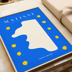Matisse Art Prints -  Blue Abstract Profile with Yellow Dots Poster featuring bold colors and minimalist design.