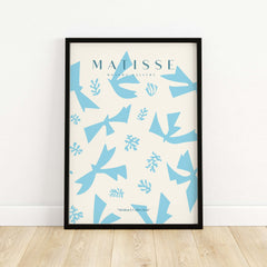 Matisse Art Prints -Blue Abstract Birds Botanical Pattern Poster with light blue shapes and botanical motifs.