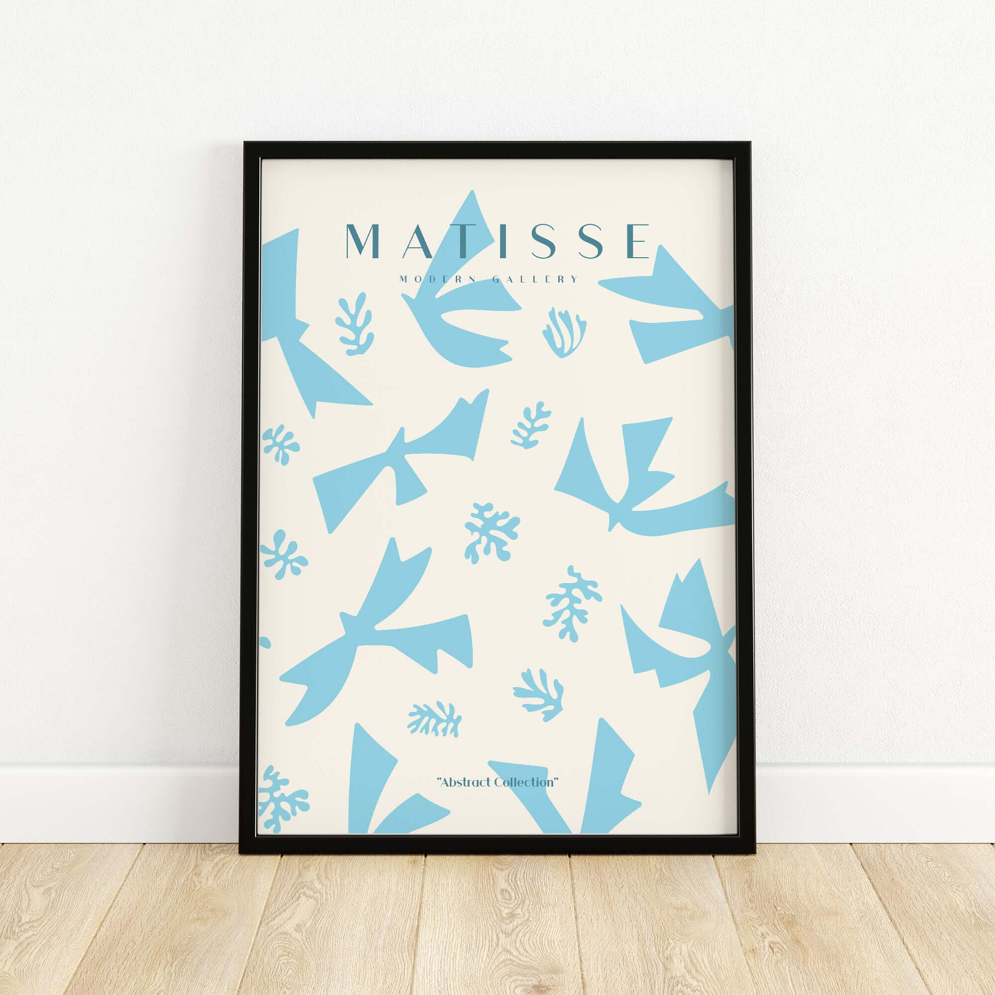 Matisse Art Prints -Blue Abstract Birds Botanical Pattern Poster with light blue shapes and botanical motifs.