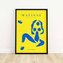 Matisse Art Prints - Blue Nude Abstract Figure Yellow Poster showcasing a blue abstract figure on yellow background.