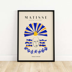 Matisse Art Prints -  Blue & Yellow Abstract Face featuring minimalist line-drawn design and vibrant colors.