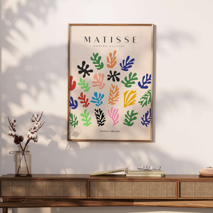 Matisse art print featuring colorful abstract shapes in a lively arrangement against a beige background.
