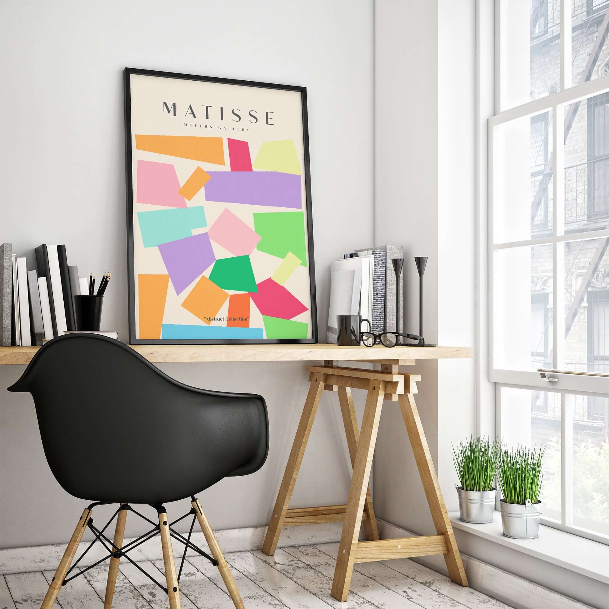 Matisse Art Prints - Colorful Geometric Shapes Abstract Print displayed in a modern workspace with a stylish chair.