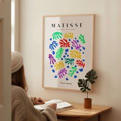 Matisse Art Prints - Colourful Scattered Abstract Leaves Dots Poster displayed above a person sitting at a desk.