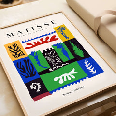 Matisse Art Prints -  Complex Abstract Botanical Patchwork Poster displayed in a modern frame.