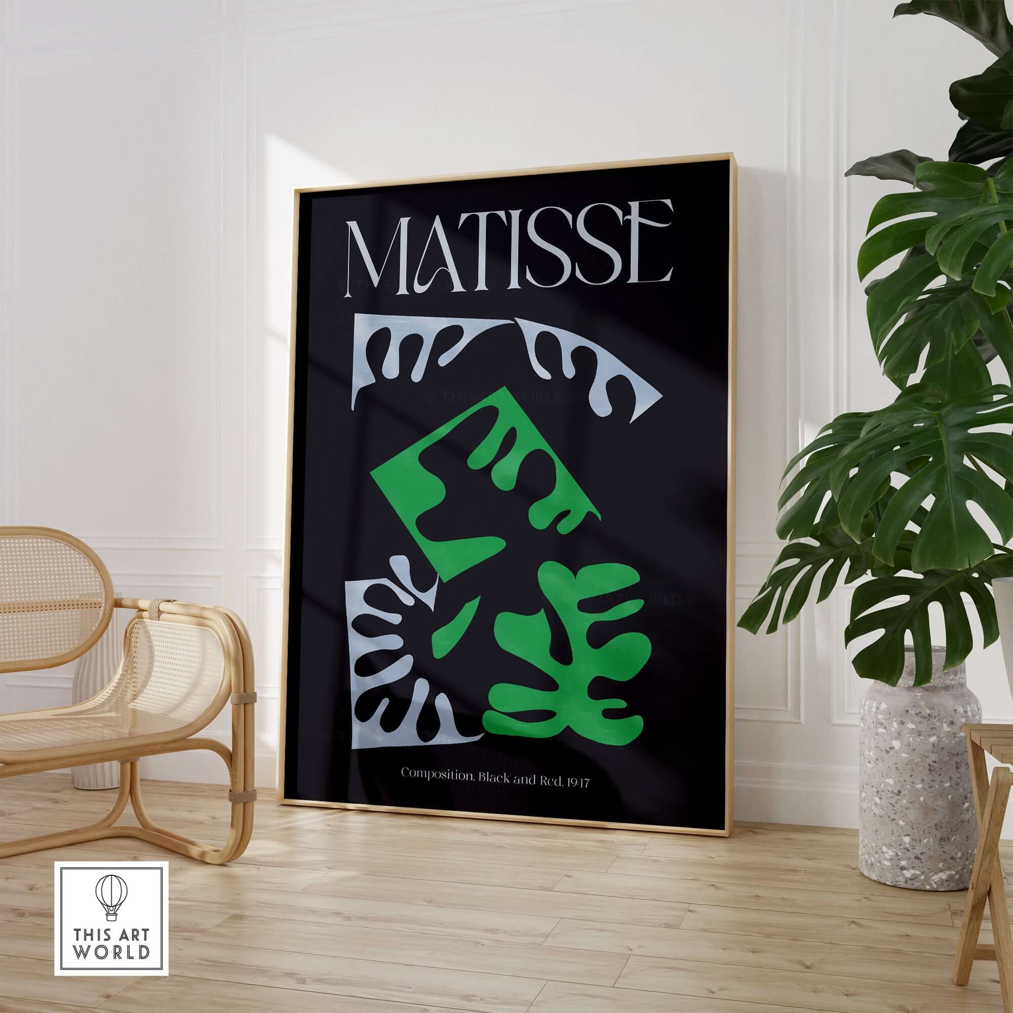 Matisse Art Print Composition Black Green White Abstract Poster 1947 displayed on a wall, featuring bold abstract shapes.