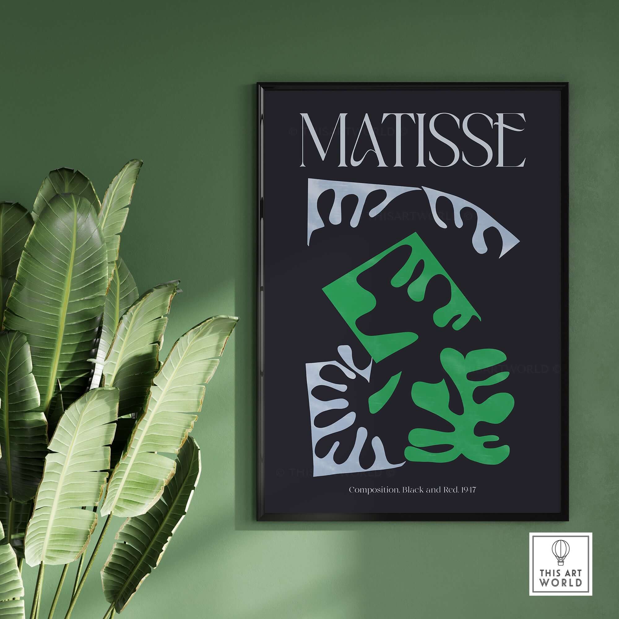 Matisse Art Print Composition Black Green White Abstract Poster 1947 featuring bold green and white shapes on black background.