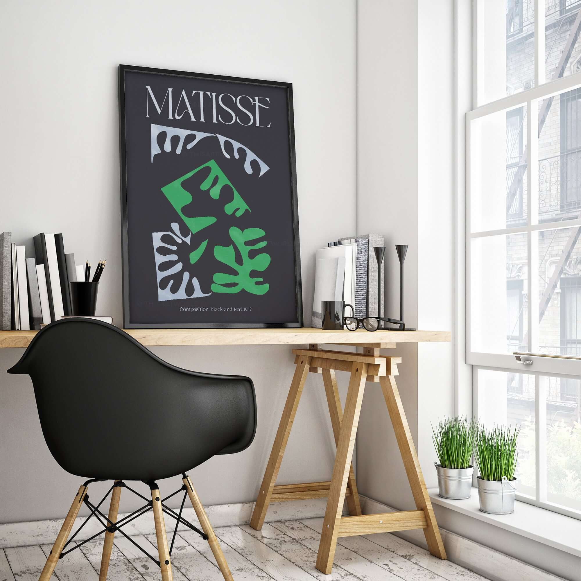Matisse Art Print Composition Black Green White Abstract Poster 1947 displayed in a modern workspace with chair and plants.
