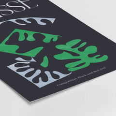 Matisse Art Print Composition Black Green White Abstract Poster 1947 featuring abstract green and grey shapes on black background.
