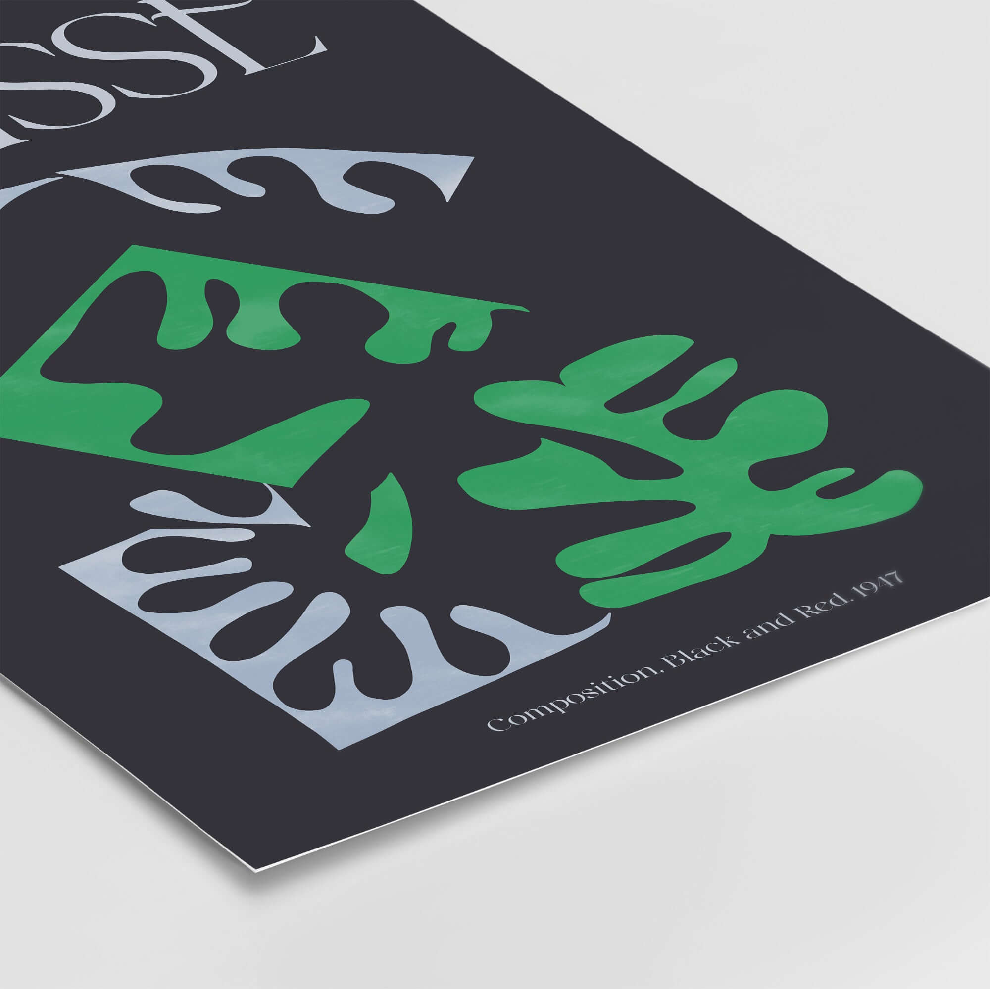 Matisse Art Print Composition Black Green White Abstract Poster 1947 featuring abstract green and grey shapes on black background.