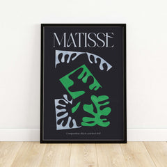 Matisse Art Print Composition Black Green White Abstract Poster 1947 featuring abstract shapes on a black background.