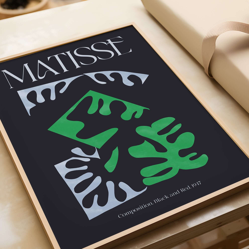 Matisse Art Print Composition Black Green White Abstract Poster 1947 featuring green and white shapes on a black background.